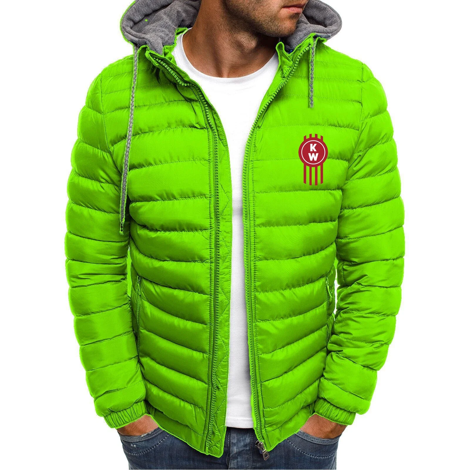 2024 New Kenworth Logo Print Custom Made Solid Color Men Zipper Down Jacket Cardigan Warm Hoodie Casual Winter Man Streetwear