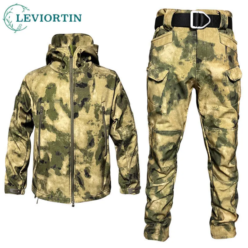 Men's Shark Skin Soft Shell Jacket Autumn Winter Outdoor Tactical Suit Thick Fleece Insulation Multi Pocket Camouflage Assault
