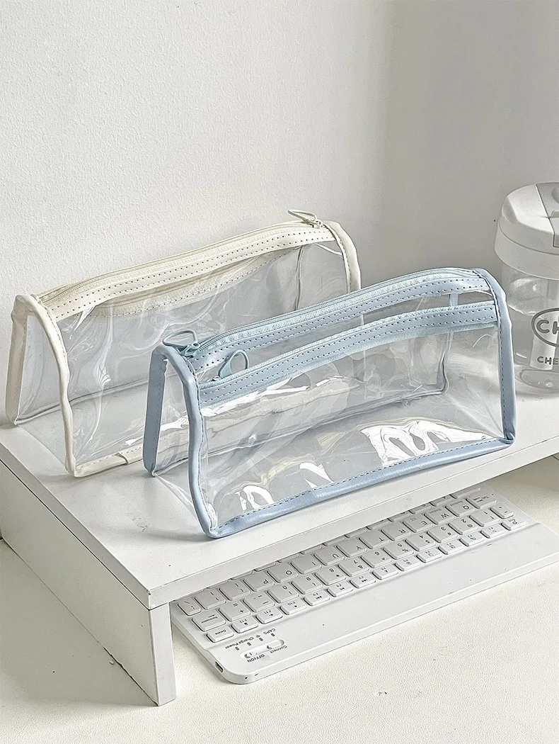 مقلمة بولي كلوريد الفينيل شفافة مقاومة للماء سعة كبيرة بطبقة مزدوجة حقيبة القلم Ins نمط حقيبة مستحضرات تجميل حقيبة التخزين القرطاسية المدرسية #1