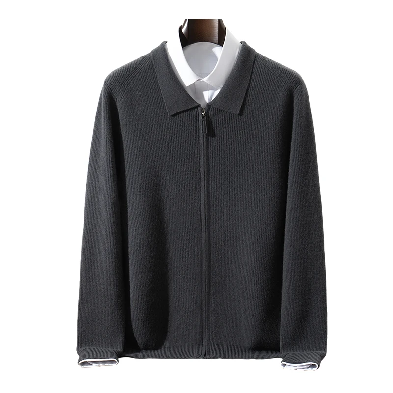 

100% Wool Sweater Men's Zipper Turn-down Collar Knitted Cardigan New Casual Jacket Solid Color Shirt Collar Middle-aged Sweater