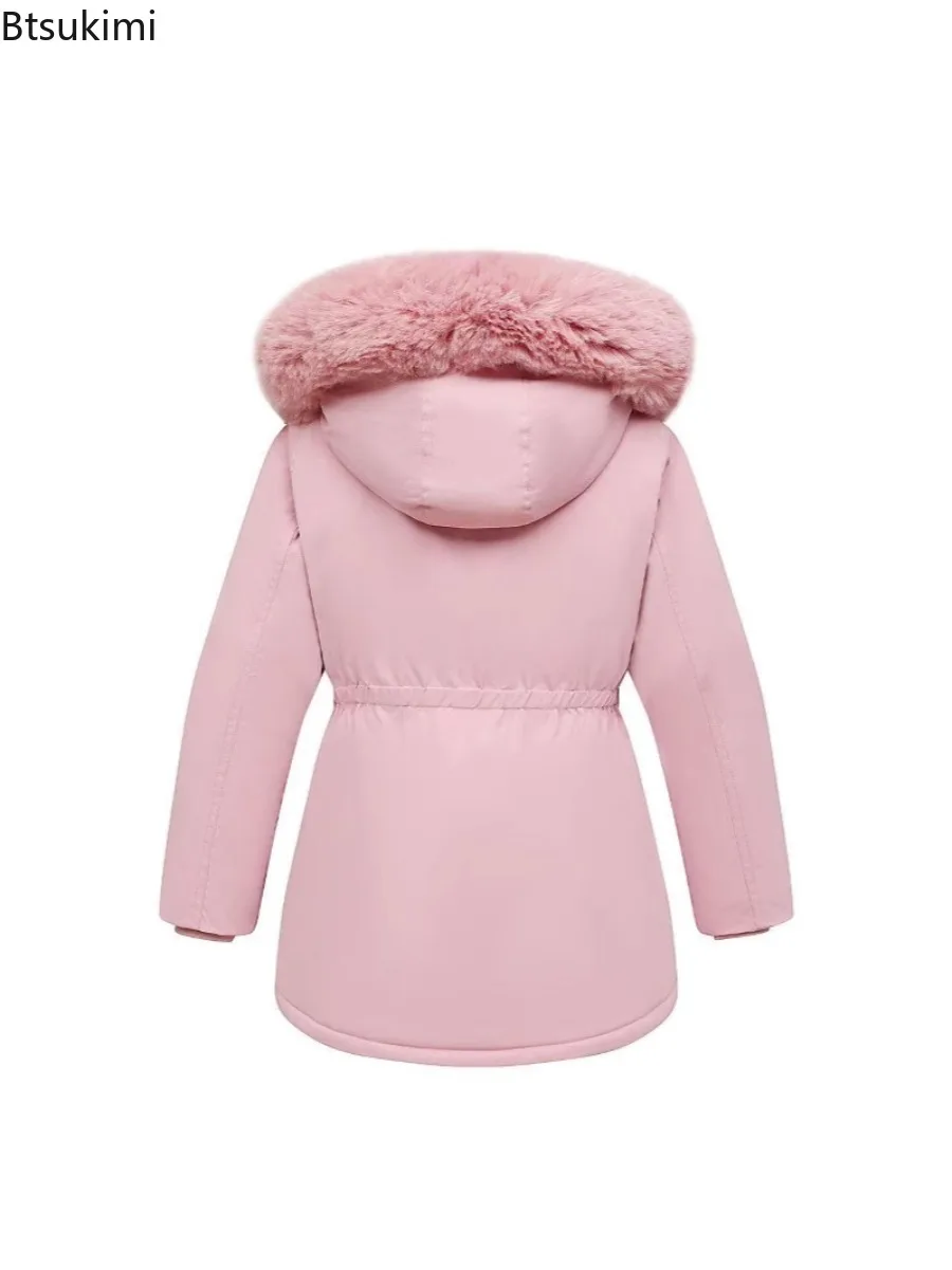 Teen Girls Winter Parkas New Kids Solid Color Waist Thickened Insulation Plush Hood Jacket Coat Children Clothes Long Outerwear