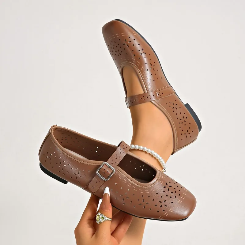 2026 Square Toe Hollow Out Women's Flats and Loafers Fashion Solid Buckle Strap Breathable Shallow Women Shoes Zapatos De Mujer