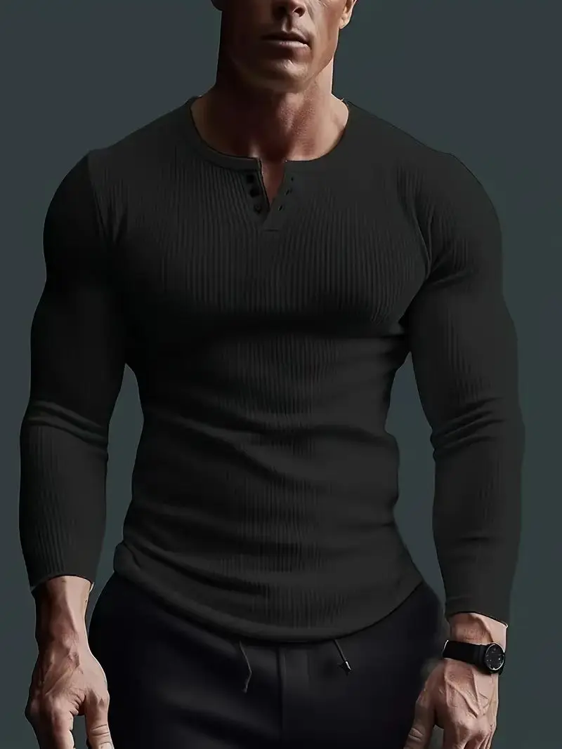Autumn Men's Collarless Breasted Henry Shirt Top Fitness High Stretch Base Shirt Solid Color Plus Size Casual Long Sleeve