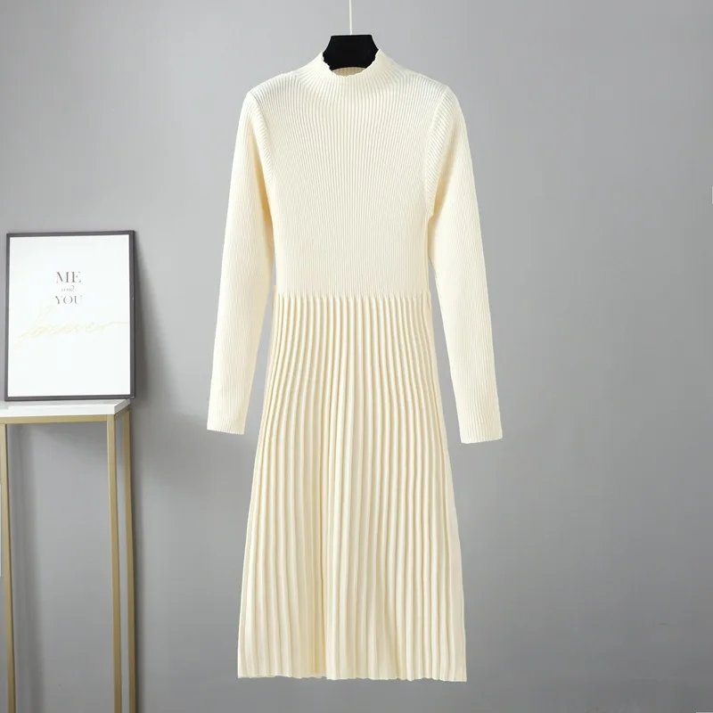 Winter Warm Soft Knit Sweater Dress Women New Autumn Dress Solid Mockneck Thickened Midi Long Waist Dress Vestidos Elegantes