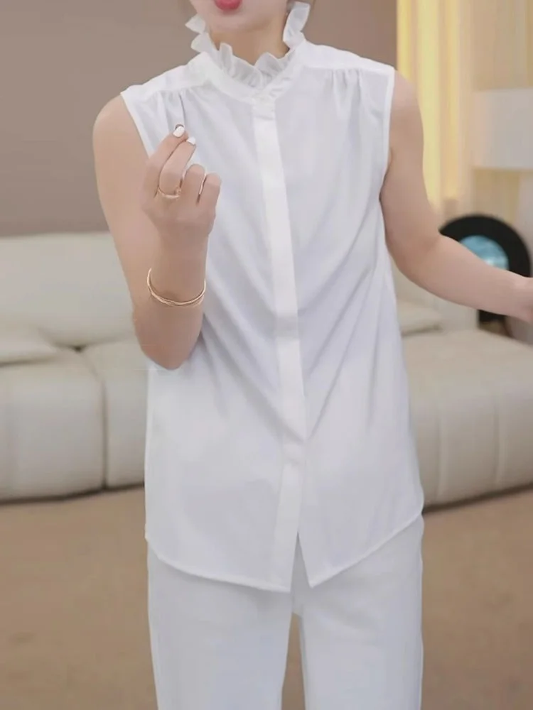 

Sli Pure Color No-Sve irt с кружевным воротником Красивая внутренняя майка Корейский свободный крой на пуговицах