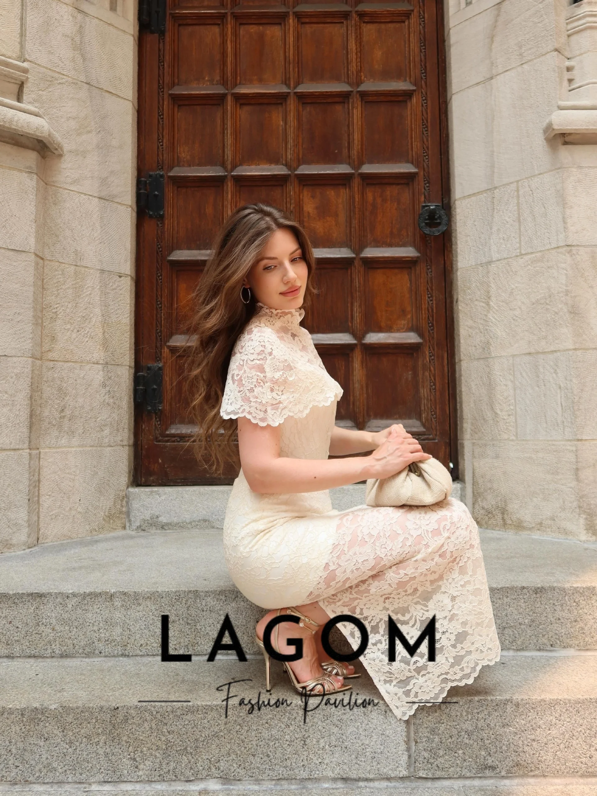 Lagom Exquisite Elegant Illusion High Neck Lace Wedding Dress Cape Flutter Short Sleeve Ankle-Length Vestido de novia Customized