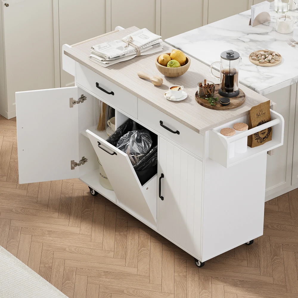 

Kitchen Island with Trash Can Storage Cabinet, Kitchen Cart with Drop Leaf, Spice Rack, Towel Rack and Drawer