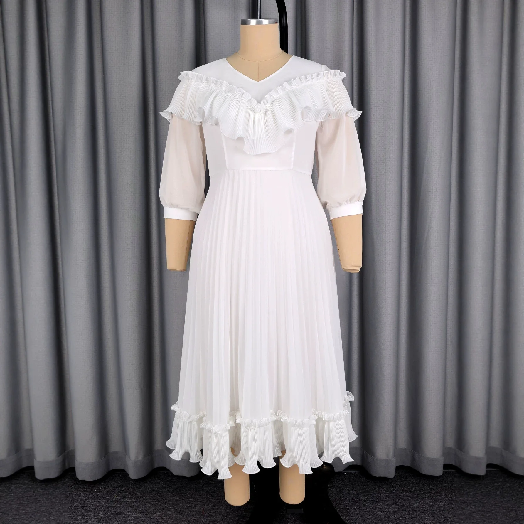 African Women Chiffon Dress V Neck Cross Ruffle Collar Sheer 3/4 Puff Sleeve Ruffle Hem Party Church Wedding Guest Casual Formal