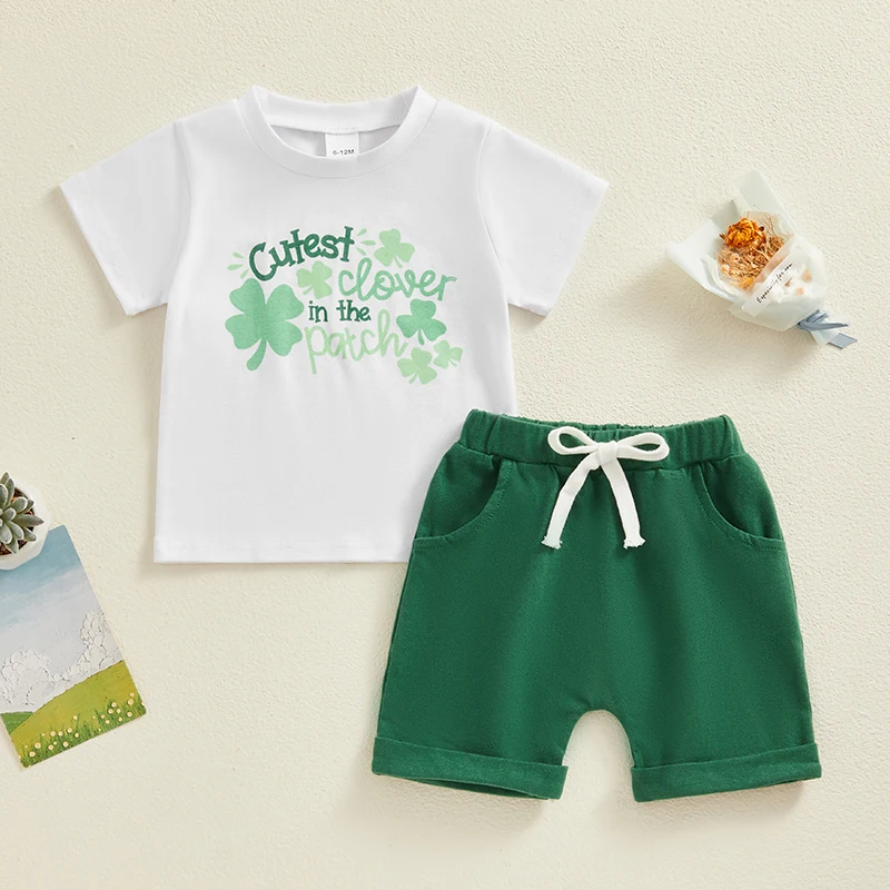 

Baby Boy Girl St Patrick’s Clothes Short Sleeve Shirt Top Rolled Shorts Set Summer Cutest Clover Print Outfits