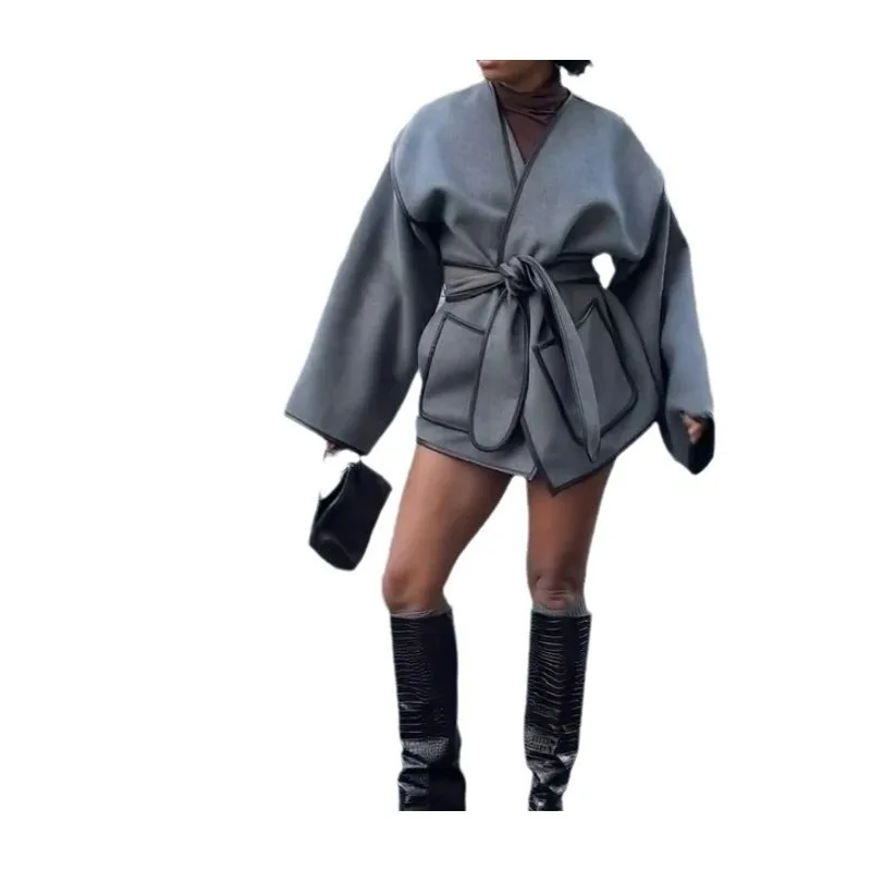 European and American 2025 Autumn Women's Irregular Strap Short Coat Elegant Retro Grey Belt Commuter Coat