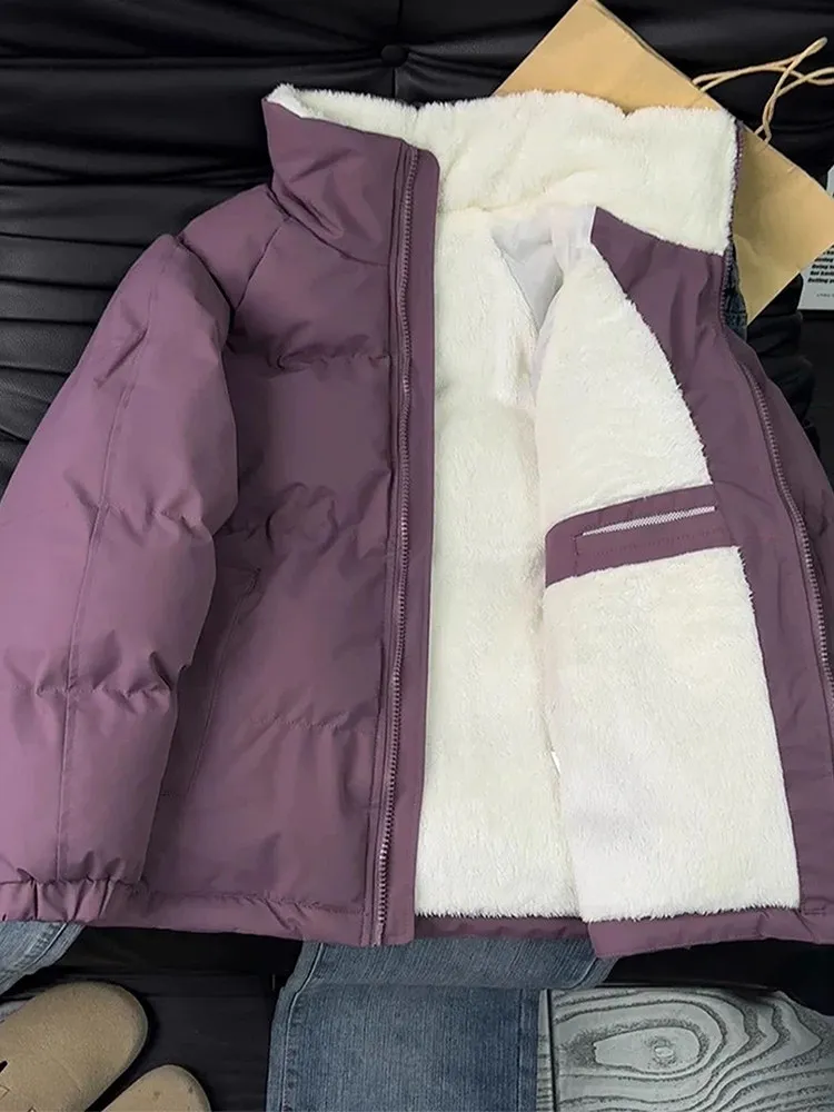 Purple Short Cotton Jacket for Unisex Winter 2026 New Standing Collar Thick Lamb Wool Overcoat Cold Resistant Warm Quilted Coat