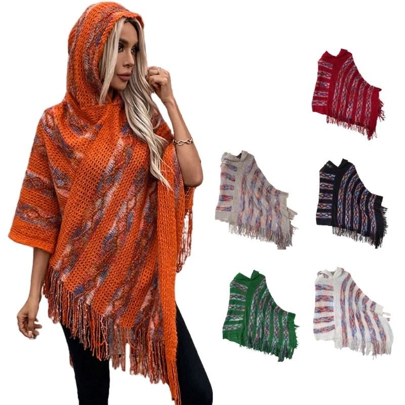 Elegant Hooded Knitted Ponchos Capes for Women Multicolor Striped Sweater Shawl with Fringes Tasels for Casual or Party