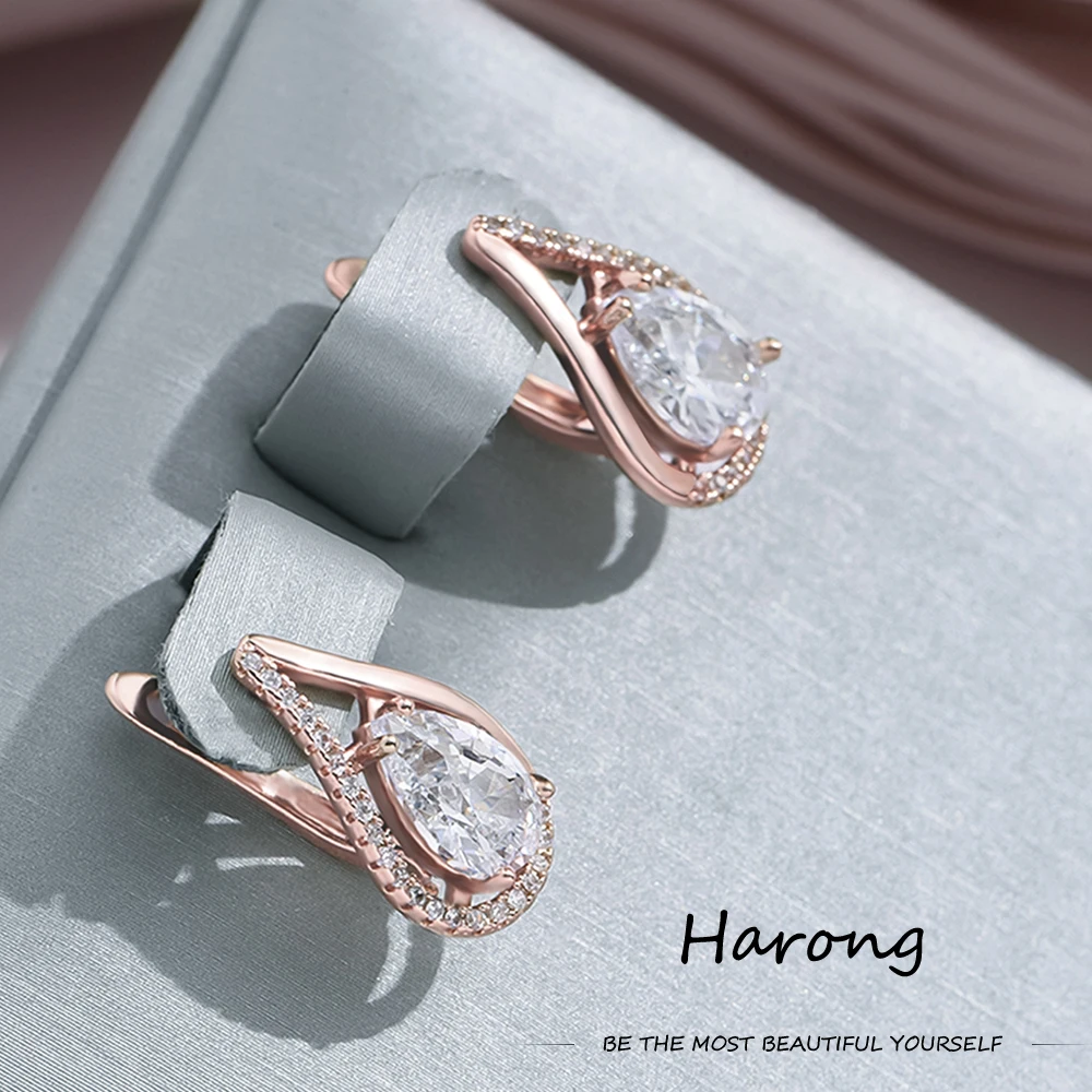 Harong Large Crystal Zircon Stud Earrings Luxury Inlaid Rhinestones Copper Rose Gold Color Exquisite Female Jewelry Earring Gift