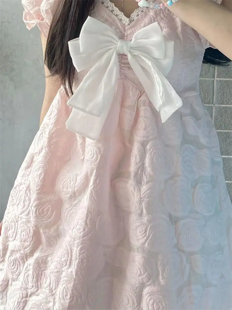 Robes douces femmes nœud fleurs bouffantes manches courtes dentelle Patchwork col en V Style Preppy été Mini robe fête décontracté