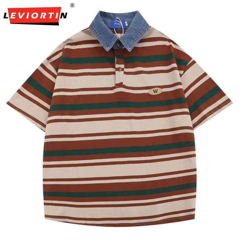 Japanese retro striped short sleeved polo shirt, summer trendy brand loose BF couple pure cotton half sleeved T-shirt top