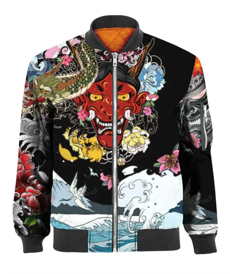 New Samurai Oni Mask Tattoo 3D All Printed Mens Jacket Fashion Vintage Bomber Jacket 2024 Streetwear Sweatshirt Tracksuits