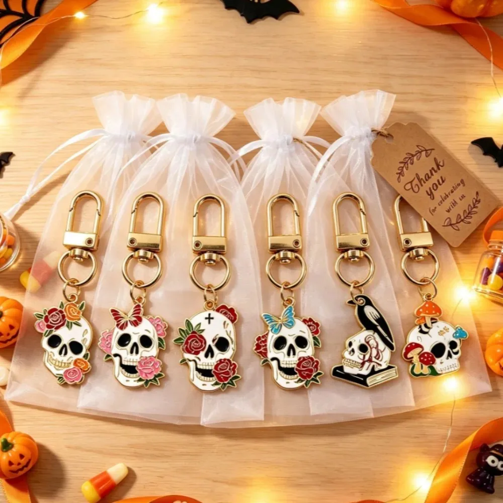 6 Sets Halloween Rose Skull Alloy Keychain Gothic Zipper Pull Charms with Tulle Bag Card, Trick or Treat Party Favor Gifts