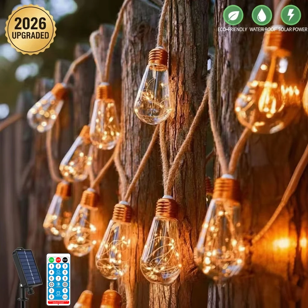 Luzes de Cordão Solar Vintage de Corda de Cânhamo 2026 para Exterior, 7M 16 Lâmpadas à Prova d'Água para Decoração de Jardim, Luzes de Fada para Pátio, Gazebo, Cerca e Quintal