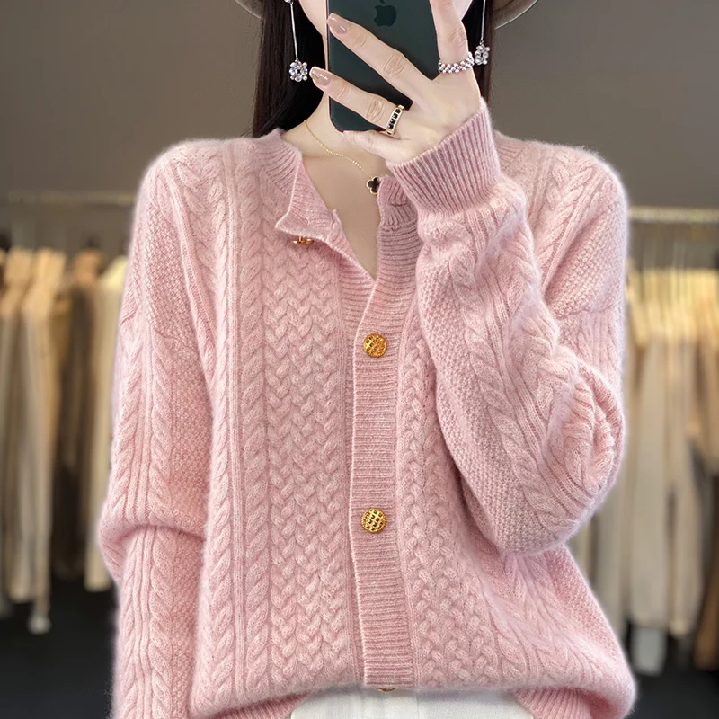 Autumn and winter 100% pure wool cardigan ladies O-neck heavy industry thickened twist solid color knitted cashmere sweater coat