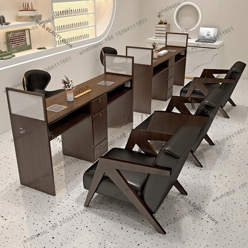 FG Multi-functional Double Nail Table Black Retro-style Chair Set with Vacuum Cleaner Nail Table Socket Wooden Furniture A Mesa