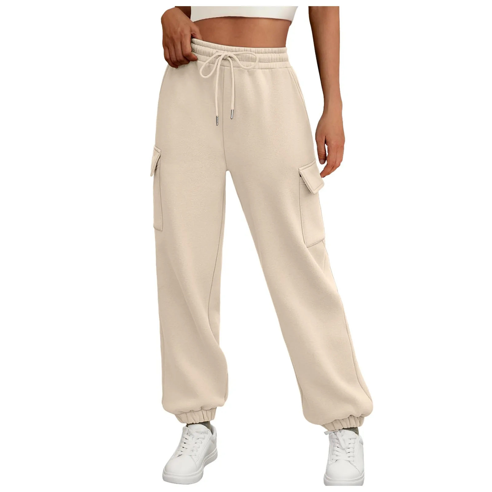 الخريف النساء الصوف Sweatpants بلون الجانب جيب عالية الخصر بنطلون رياضي سميكة عادية ركض السراويل الإناث