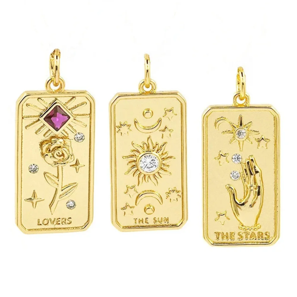 New Rectangle Medal Sun Moon Pendant Colorful CZ Gold Plated Metal Tarot Crads Charms For Women DIY Necklace Jewelry Making