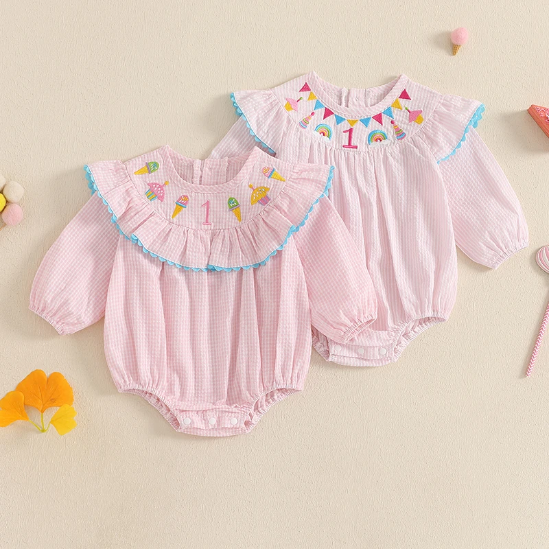 Autumn Toddler Baby Girls Birthday Rompers Outfits One Striped Ice Cream Embroidery Ruffle Trim Long Sleeve  Smocked Jumpsuits