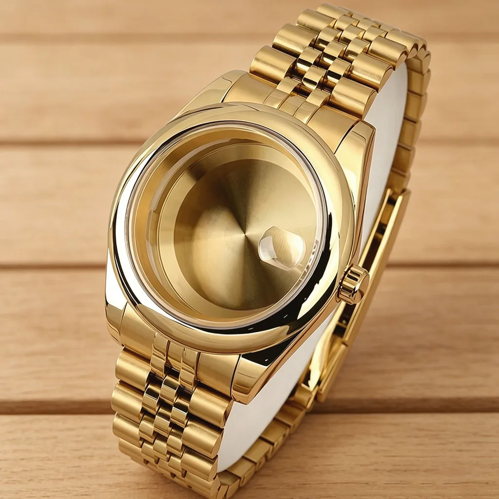 Luxury Gold 36mm/39mm Watch Case Polished Oyster Strap For NH34 NH35 NH36 NH38 Miyota 8215 Movt 316L Steel Sapphire Glass Parts