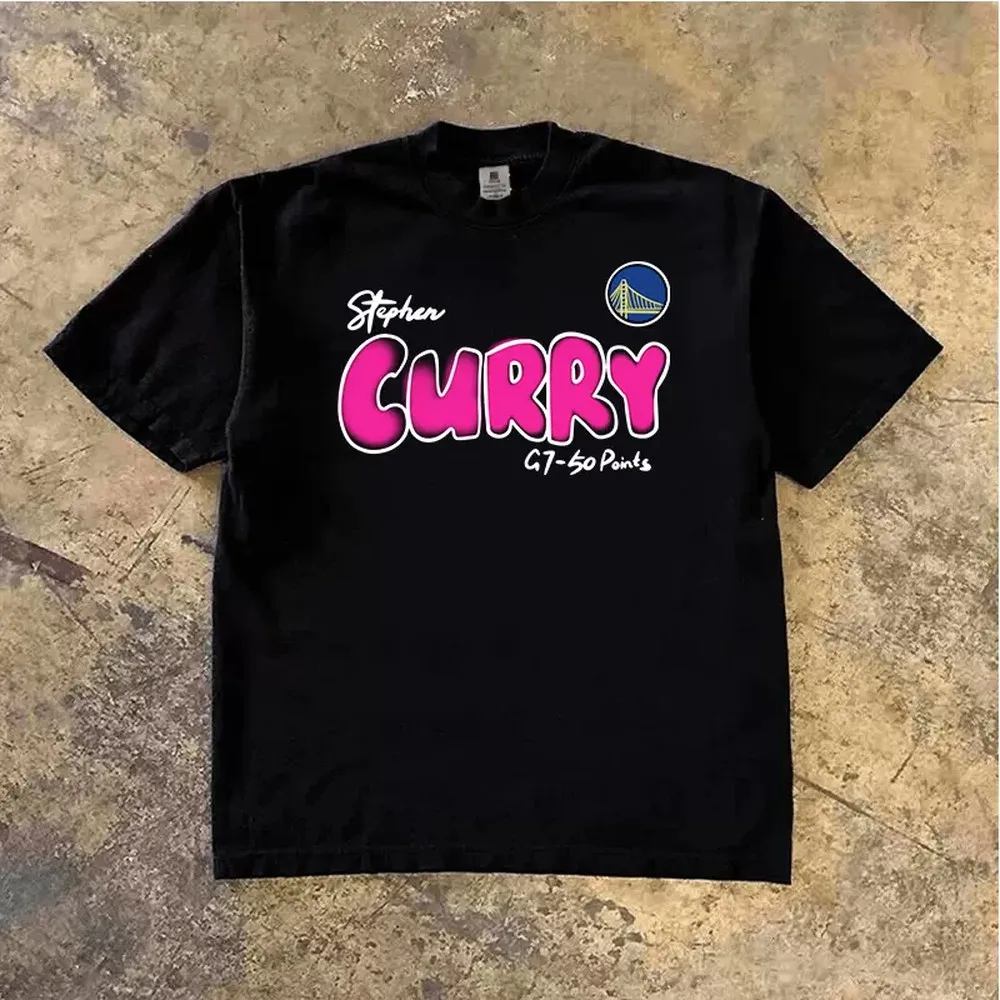Camiseta Gráfica de Stephen Curry para Hombre y Mujer, con Letras Rosadas en Relieve, CURRY G7 50 Puntos, Estampado Negro, Tallas S M L XL 2XL 3XL, Camisetas de Baloncesto de Algodón