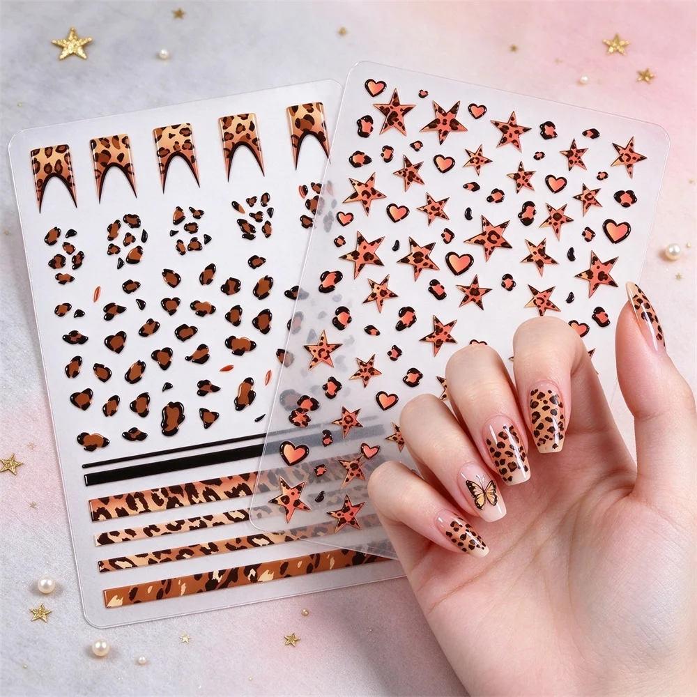 2Pcs 5D Embossed Nail Art Stickers Brown Leopard Print French V Tip Star Heart Stripes Nail Decal For DIY Manicure Daily & Party