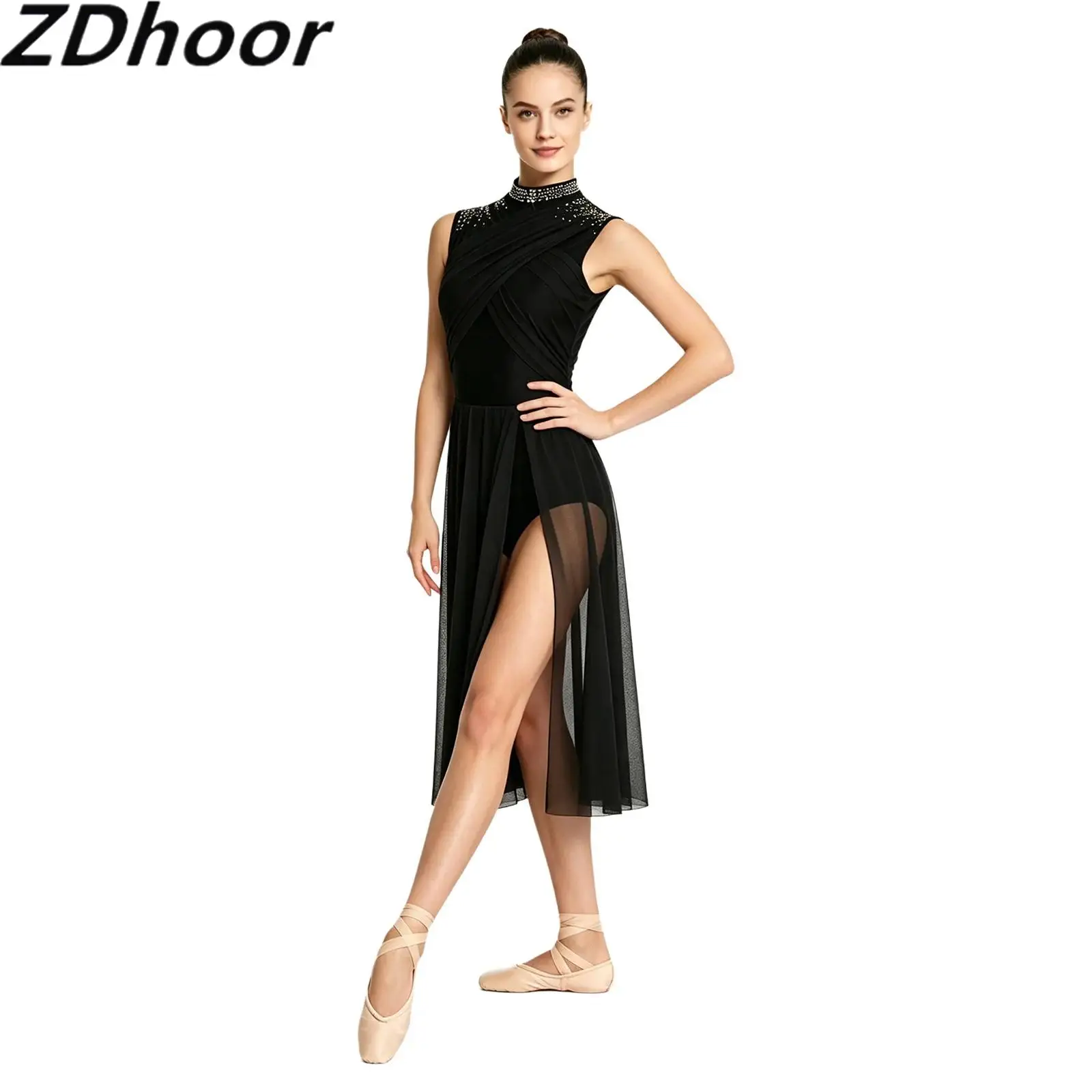 Women Lyrical Dance Dress Rhinestones Draped Ruched Overlay on The Bodice Split Mesh Hem Built-in Briefs Bodysuit Dress