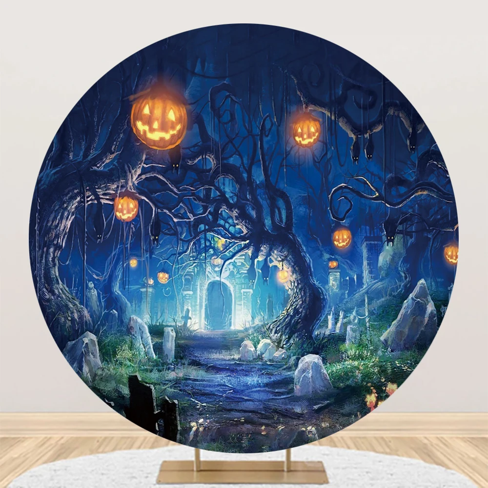 Happy Halloween Round Backdrop Cover Full Moon Night Horror Forest Castle Pumpkin Halloween Party Decor Photography Background