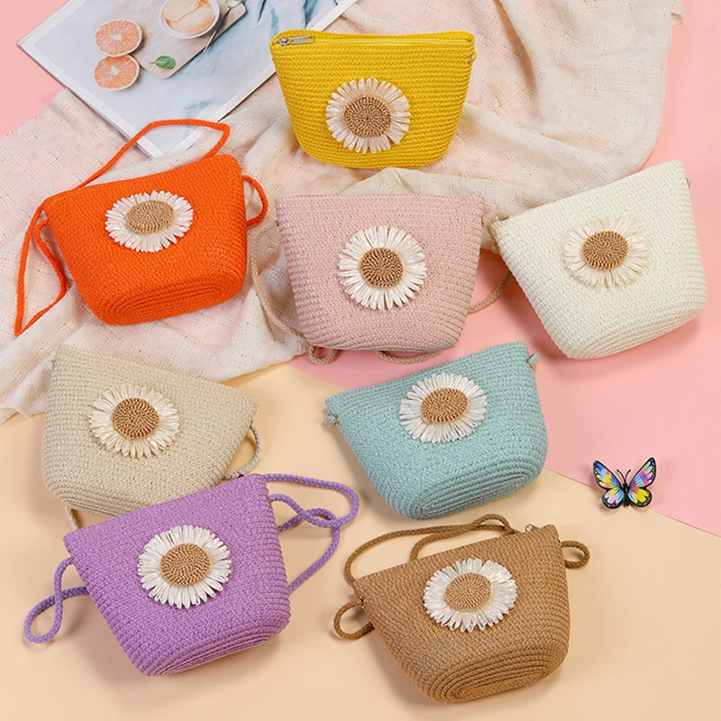 سستة زهرة القش حقيبة محفظة نسائية للعملات المعدنية لطيف حقيبة ساع سلة التخزين اليدوية المنسوجة المرأة حقيبة كروسبودي حقيبة يد #3