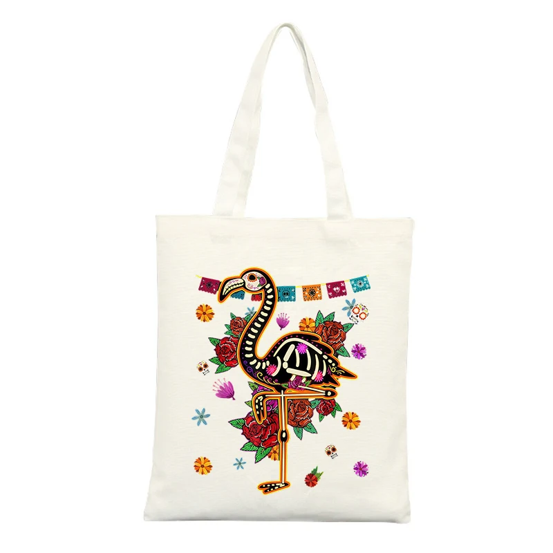 Canvas Tote Bag with Skeleton Flamingo and Floral Pattern, Ideal for Casual Outings and Summer Events
