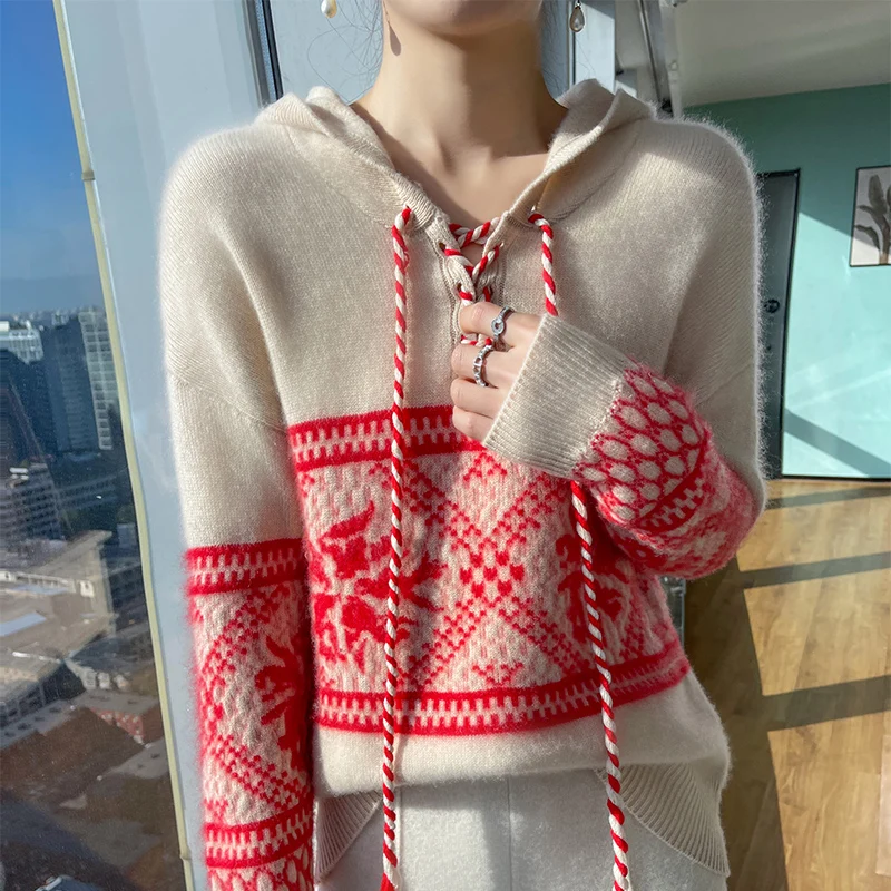 خريف/شتاء الجاكار المرأة 100% الصوف الخالص الرباط سترة مقنعين محبوك طويلة الأكمام فضفاضة الكشمير هوديي