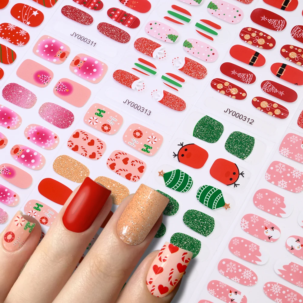 16 puntas autoadhesivas con purpurina navideña, pegatina para esmalte de uñas con copos de nieve, pegatinas de envoltura completa para árbol de Navidad, deslizador de manicura de Año Nuevo