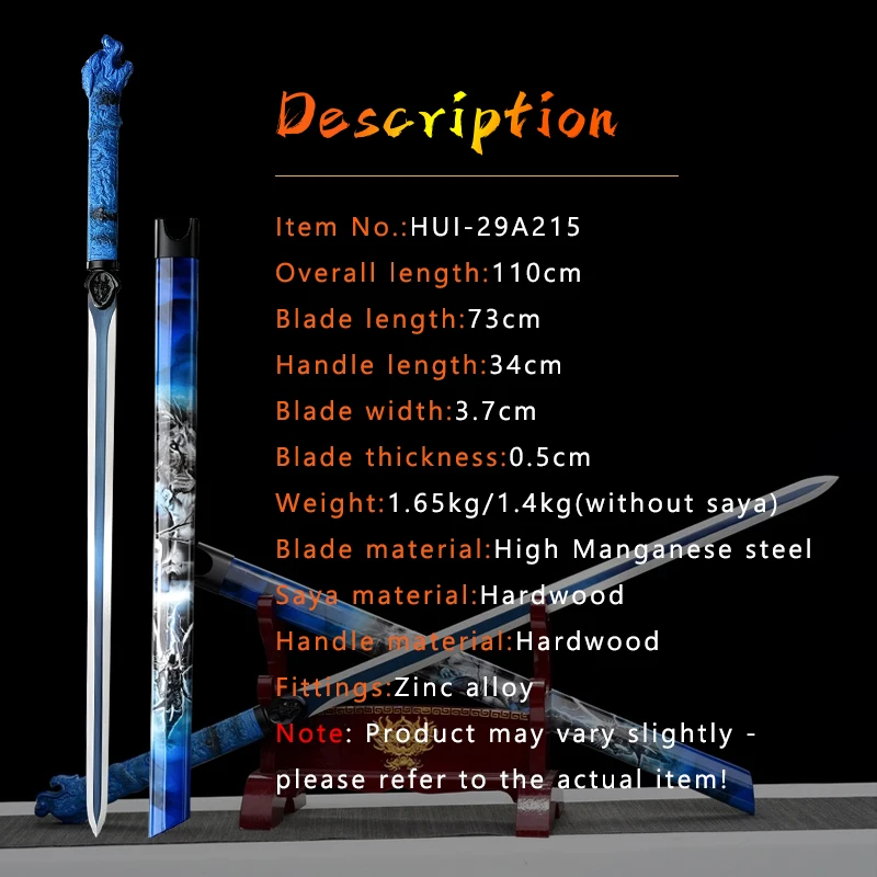 Chinese Blue Lion Tang Dynasty Sword,Handmade Forged Full Tang Manganese Steel,Replica Cosplay Sword,Long Swords Collection Prop