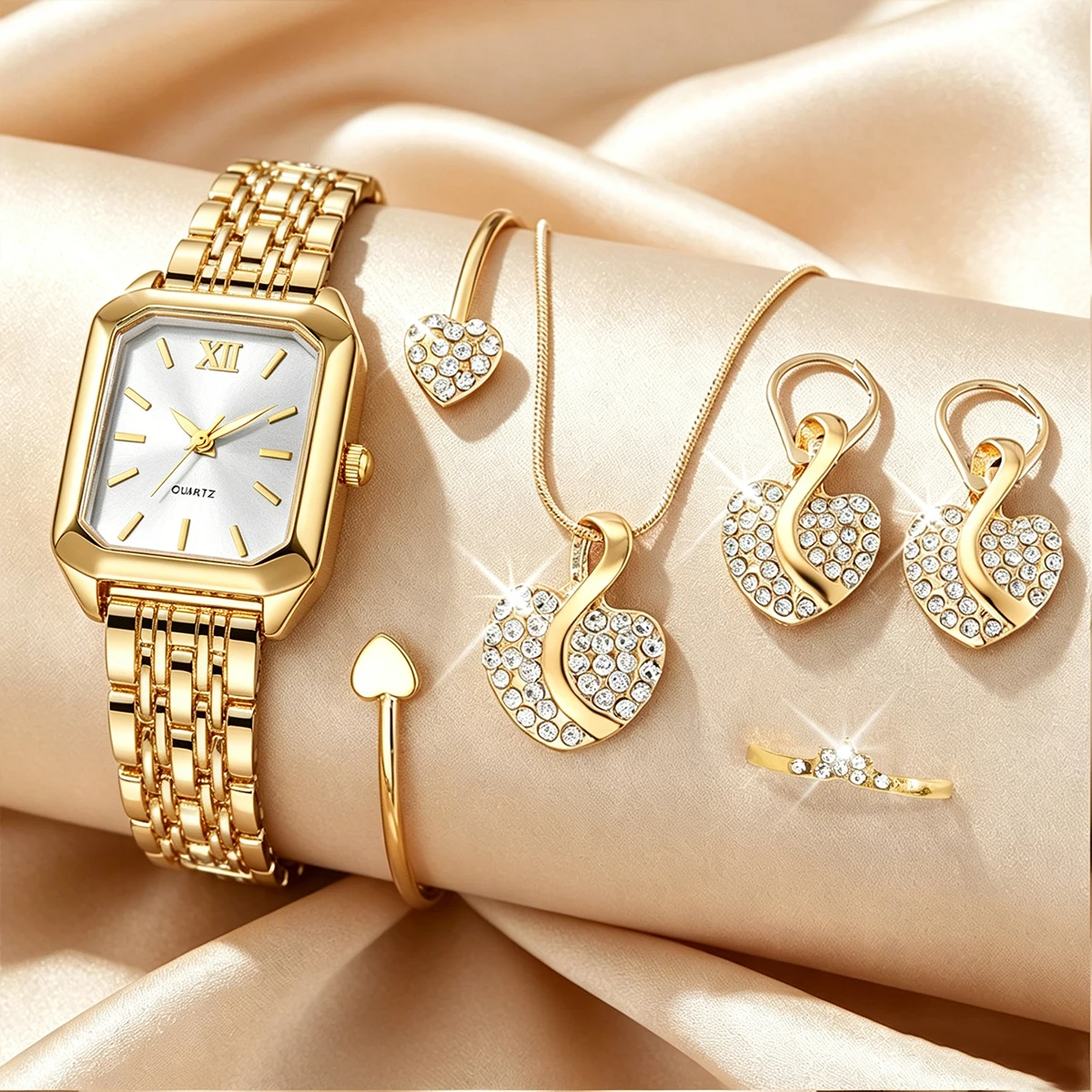 Jewelry Watches For Ladies - 6-teiliges Modisches Rechteckiges Damen-Quarzuhren-Set mit Strass-Herz-Schmuck,