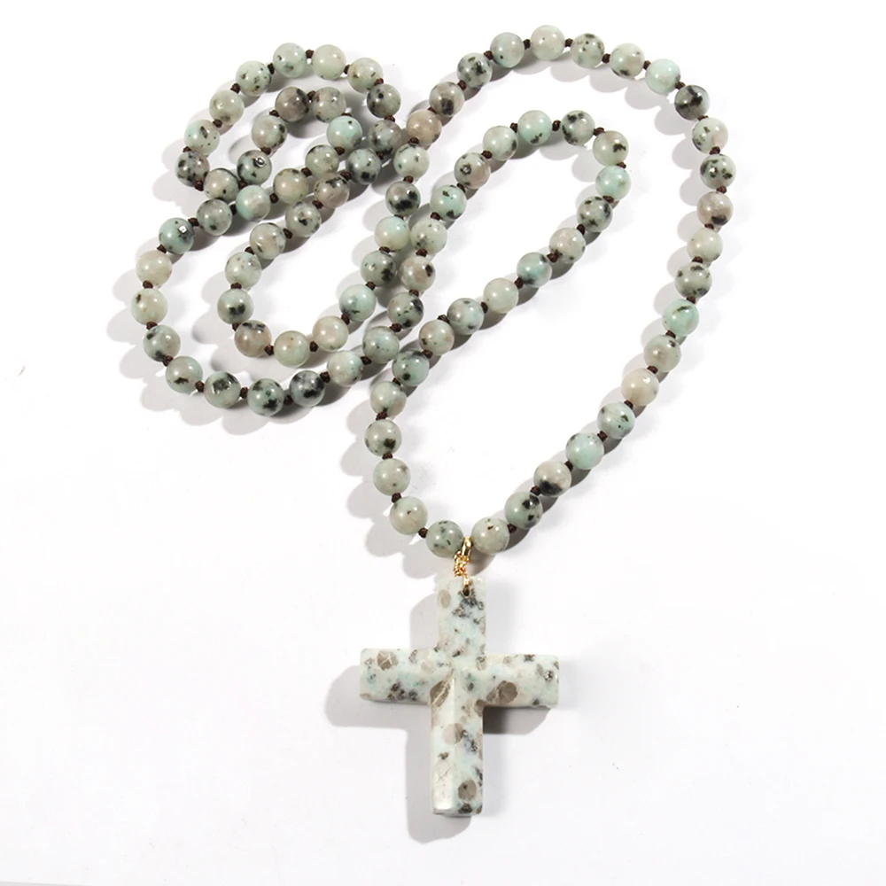 RH New Fashion Bohemian 8mm Kiwi Jasper Green Spot Stone Knotted Necklace Cross Pendant Necklace Sweater Chain