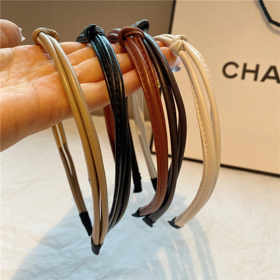 Korean Minimalist Knotted Hair Hoop Solid Color PU Leather Headbands Simple Thin Hair Band For Women Hair Accessories