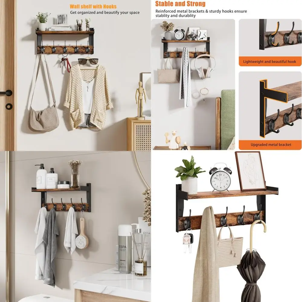 

Wooden Wall-Mounted Coat Rack with 5 Hooks and Shelf for Entryway, Mudroom, or Bedroom in Rustic Brown