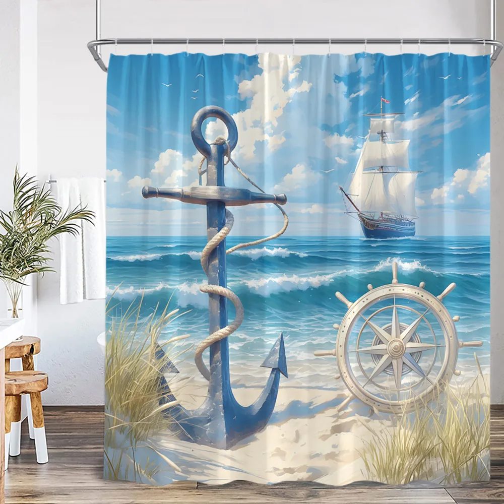 Nautical Marine Life Shower Curtain Anchor Sea Turtle Seastar Octopus Seashell Coral Ocean Summer Bathroom Curtain Decoration