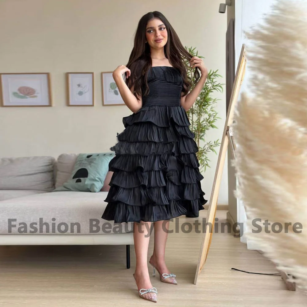 

Vintage Short Evening Gown Ruffle Tiered Draped V-Neck Zipper Knee-Length Strapless Vestidos Para Mujer Elegantes Y Bonitos