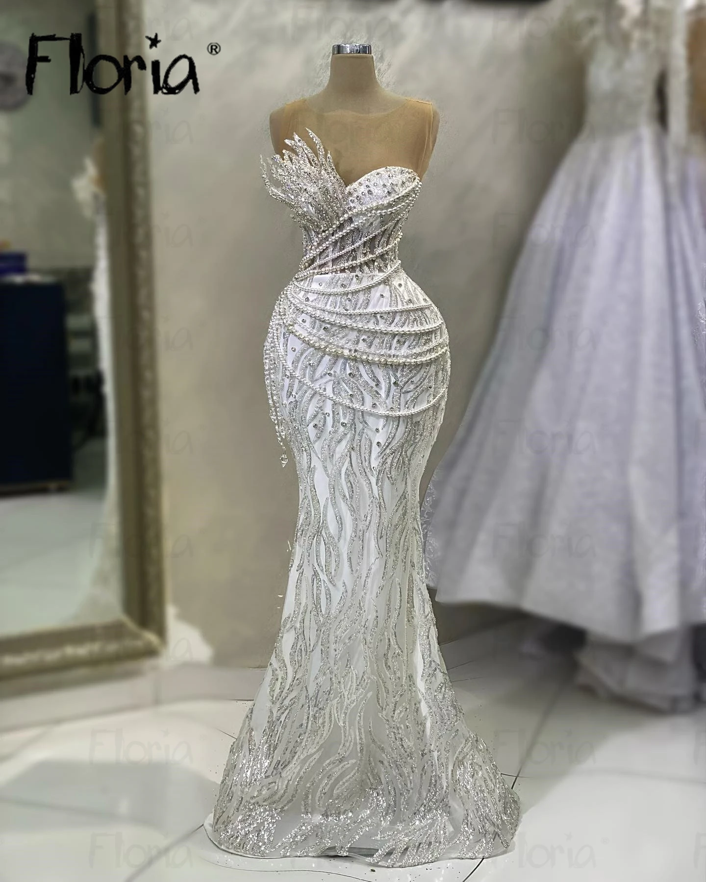 

Glitter White Mermaid Evening Dress Pearls Tassel Sweetheart Maxi Formal Prom Gowns Women Wedding Party Dresses Custom Made