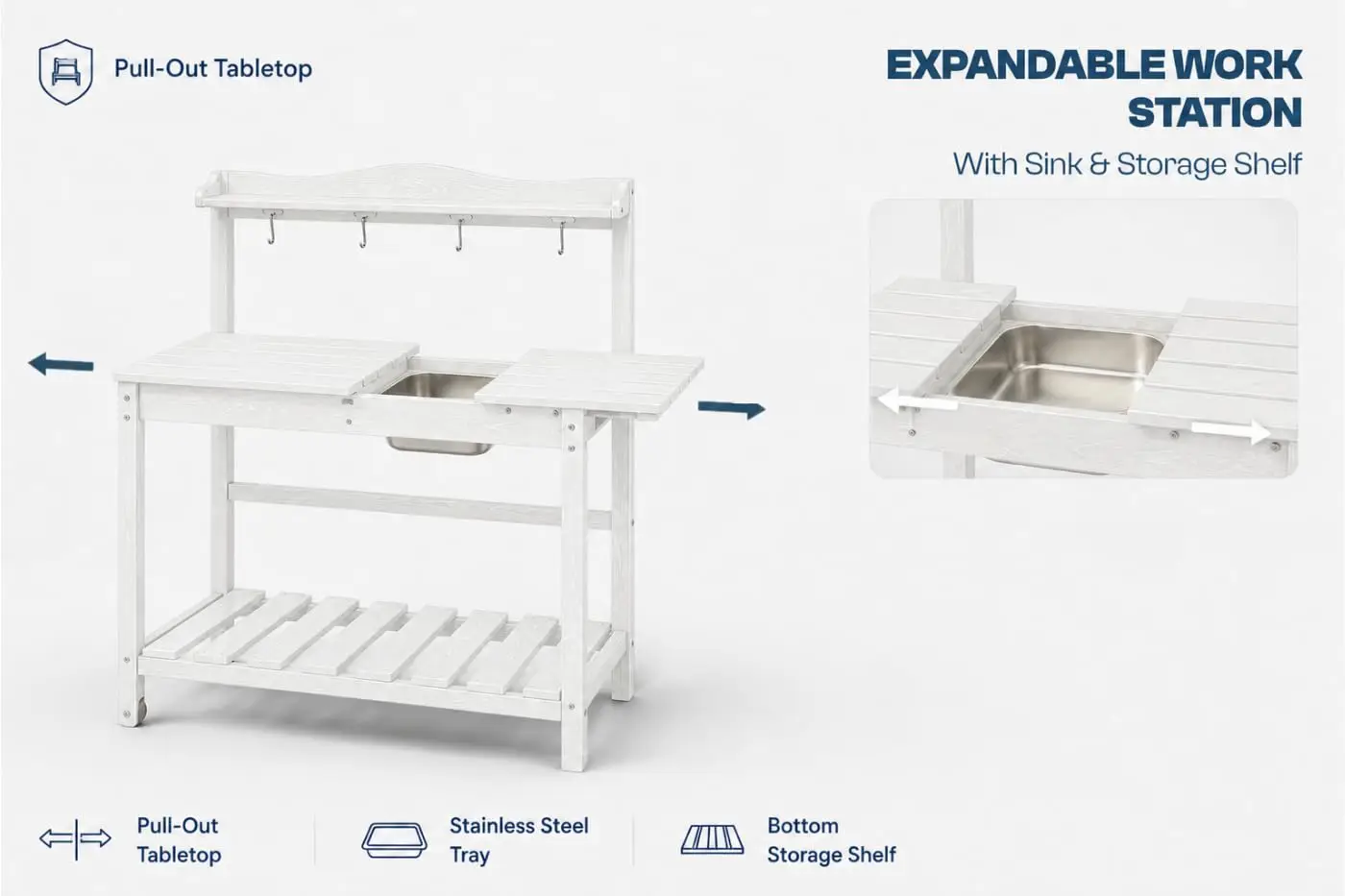 All-Weather HDPE Outdoor Potting Bench 2-Piece Set with Removable Sink, Expandable Gardening Work Station with Sliding