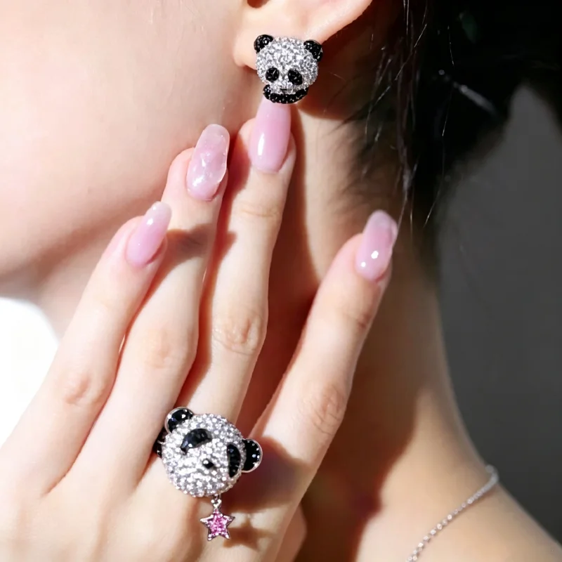 Bellux Pendant Link Chain 925 Silver Gold Plated Synthetic Zircon Black Panda Star Necklace Earrings Rings 3 Items Set Jewelry f