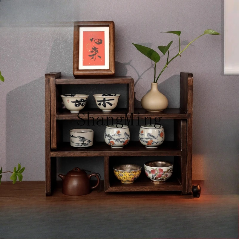 

FG solid wood storage rack, tea set, cup, coffee, Bogu rack, table top Chinese retro display rack