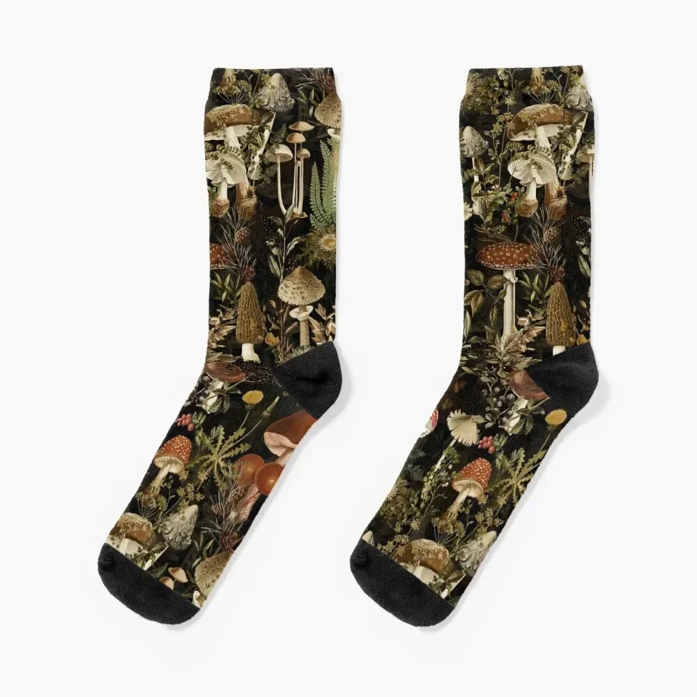 Vintage Mushrooms Forest Botanical Pattern - Black Socks Stockings man anti-slip gym Socks Male Women's