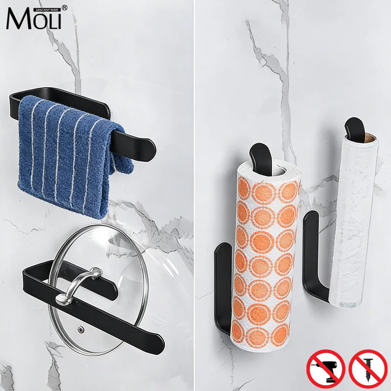 MOLI negro blanco autoadhesivo soporte de papel de cocina portarrollos de papel higiénico rollo de cocina soporte de pañuelos organizador AluminumML65B-1