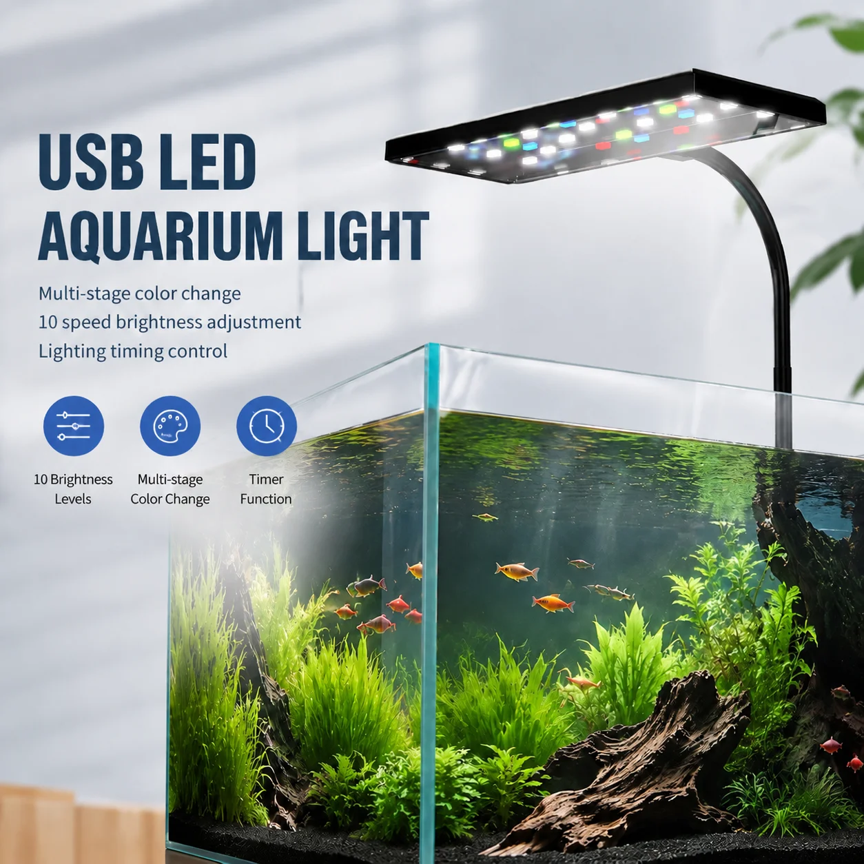 USB LED Aquarium Light Full Spectrum Fish Tank Lamp 10 Level Dimmable Clip On Light Adjustable Arm 3H 9H 12H Timer Option